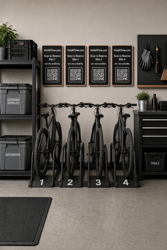 Four numbered bike racks, each with a HoldATime sign to scan and reserve that bike